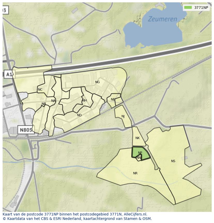 Afbeelding van het postcodegebied 3771 NP op de kaart.