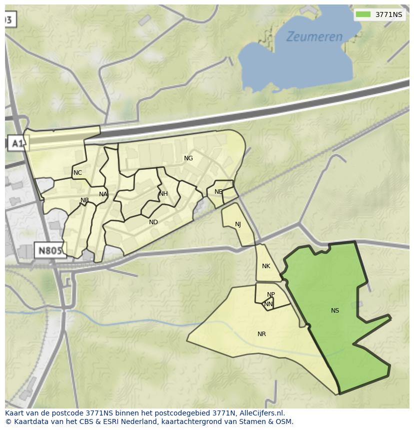 Afbeelding van het postcodegebied 3771 NS op de kaart.