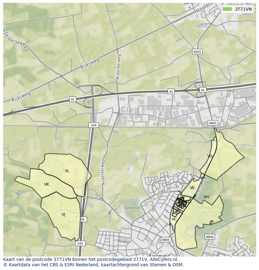 Afbeelding van het postcodegebied 3771 VN op de kaart.