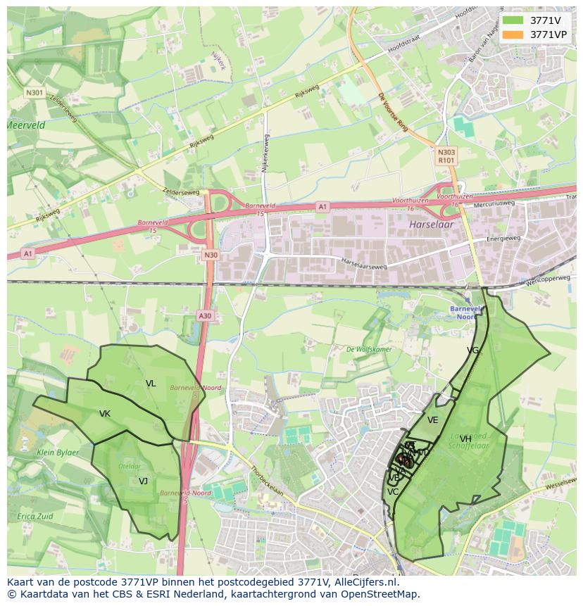Afbeelding van het postcodegebied 3771 VP op de kaart.