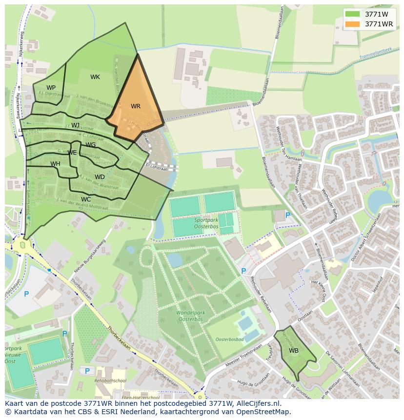 Afbeelding van het postcodegebied 3771 WR op de kaart.