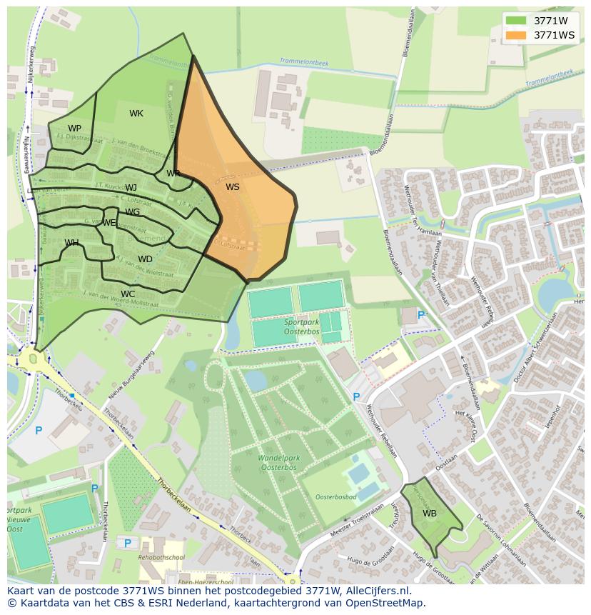 Afbeelding van het postcodegebied 3771 WS op de kaart.