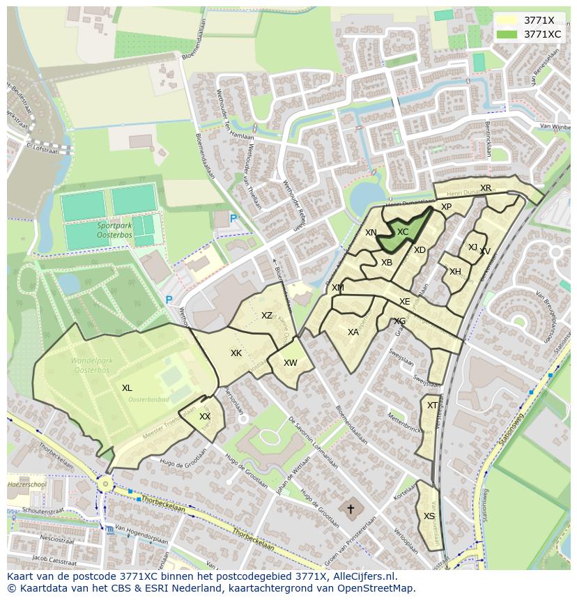 Afbeelding van het postcodegebied 3771 XC op de kaart.