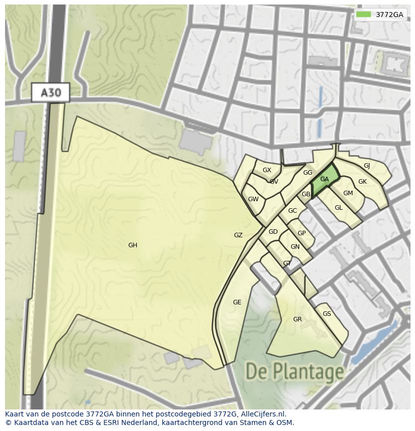 Afbeelding van het postcodegebied 3772 GA op de kaart.