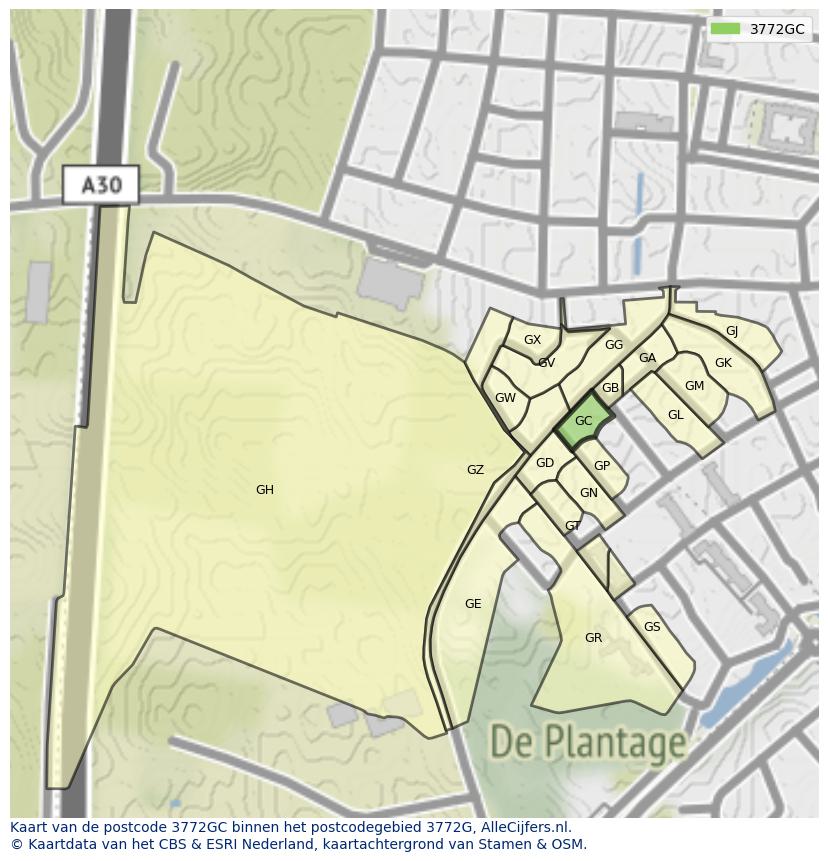 Afbeelding van het postcodegebied 3772 GC op de kaart.