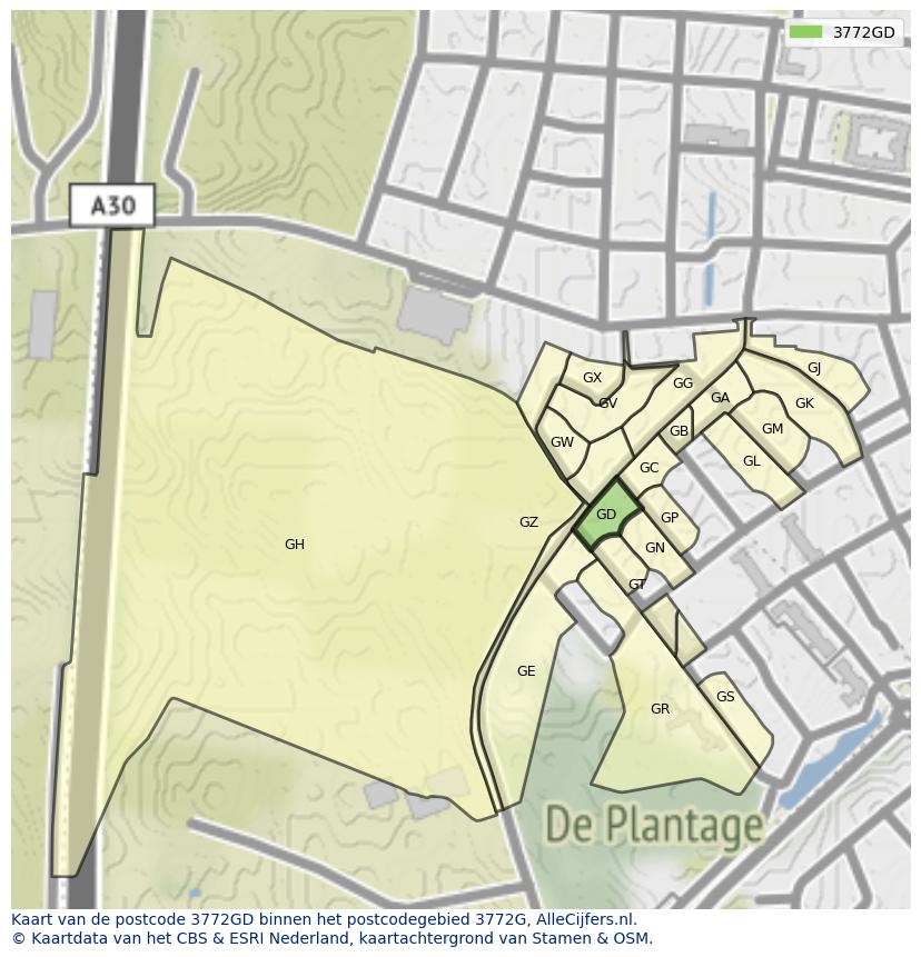 Afbeelding van het postcodegebied 3772 GD op de kaart.