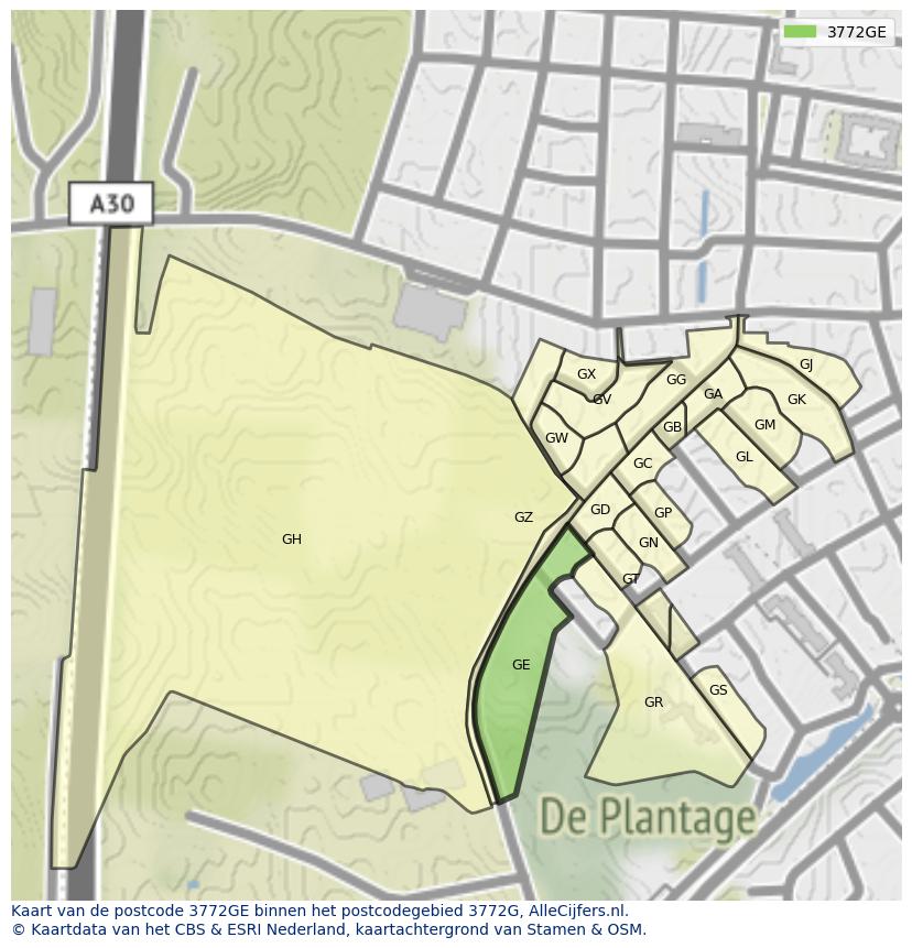 Afbeelding van het postcodegebied 3772 GE op de kaart.