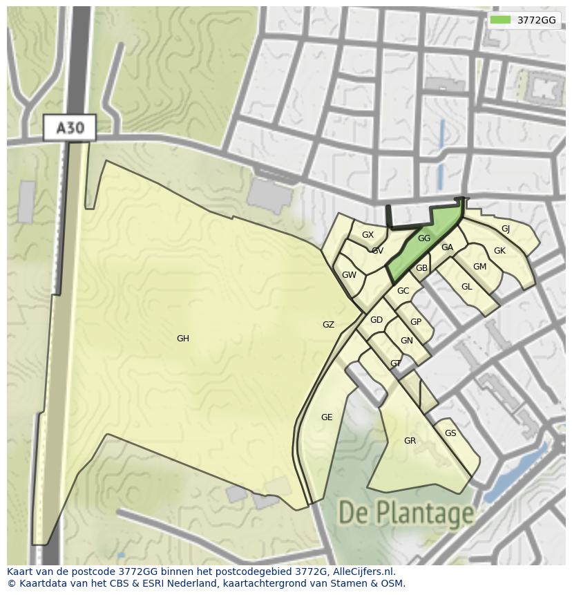 Afbeelding van het postcodegebied 3772 GG op de kaart.