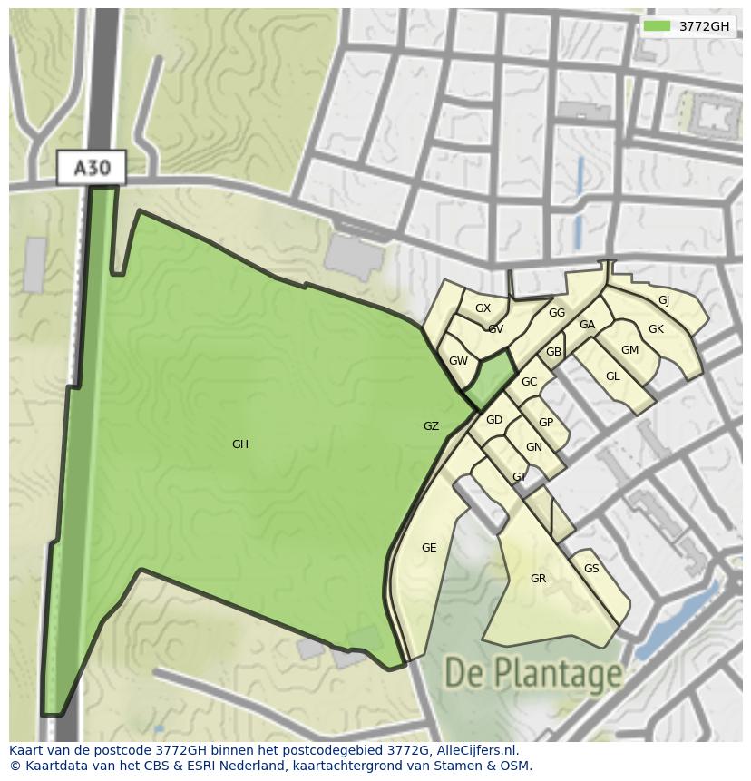Afbeelding van het postcodegebied 3772 GH op de kaart.