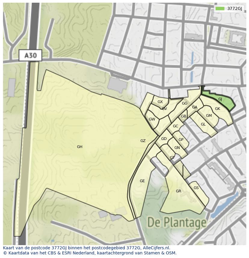 Afbeelding van het postcodegebied 3772 GJ op de kaart.