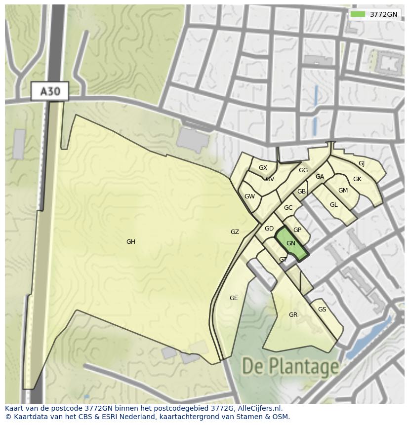 Afbeelding van het postcodegebied 3772 GN op de kaart.