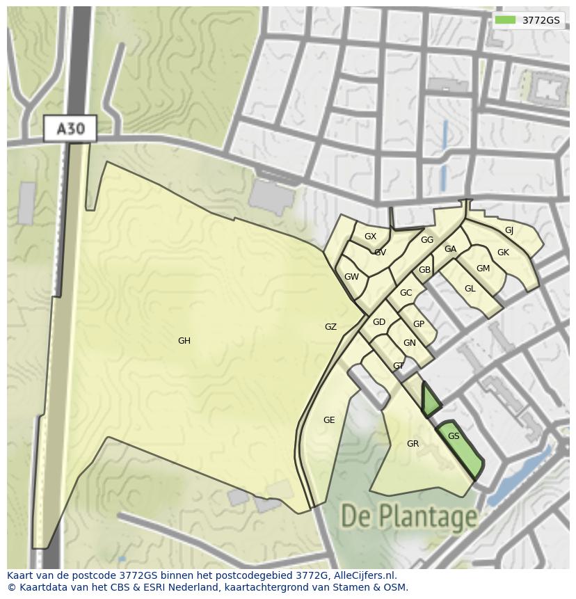 Afbeelding van het postcodegebied 3772 GS op de kaart.