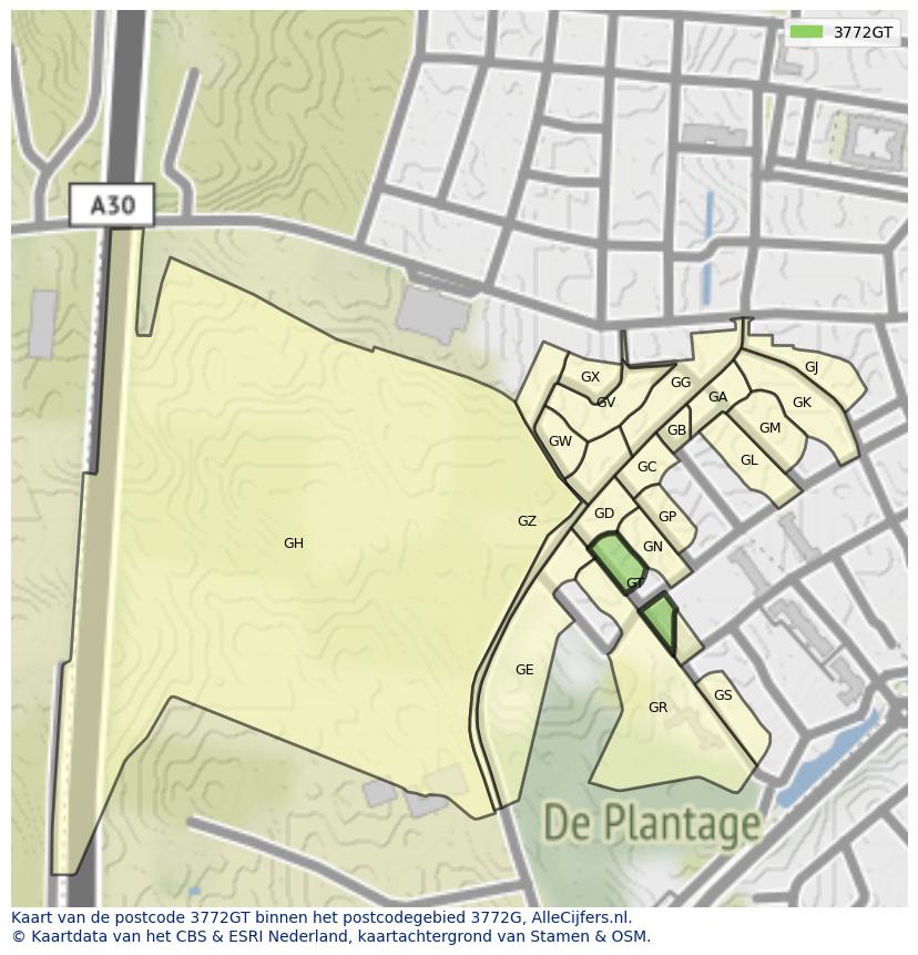 Afbeelding van het postcodegebied 3772 GT op de kaart.