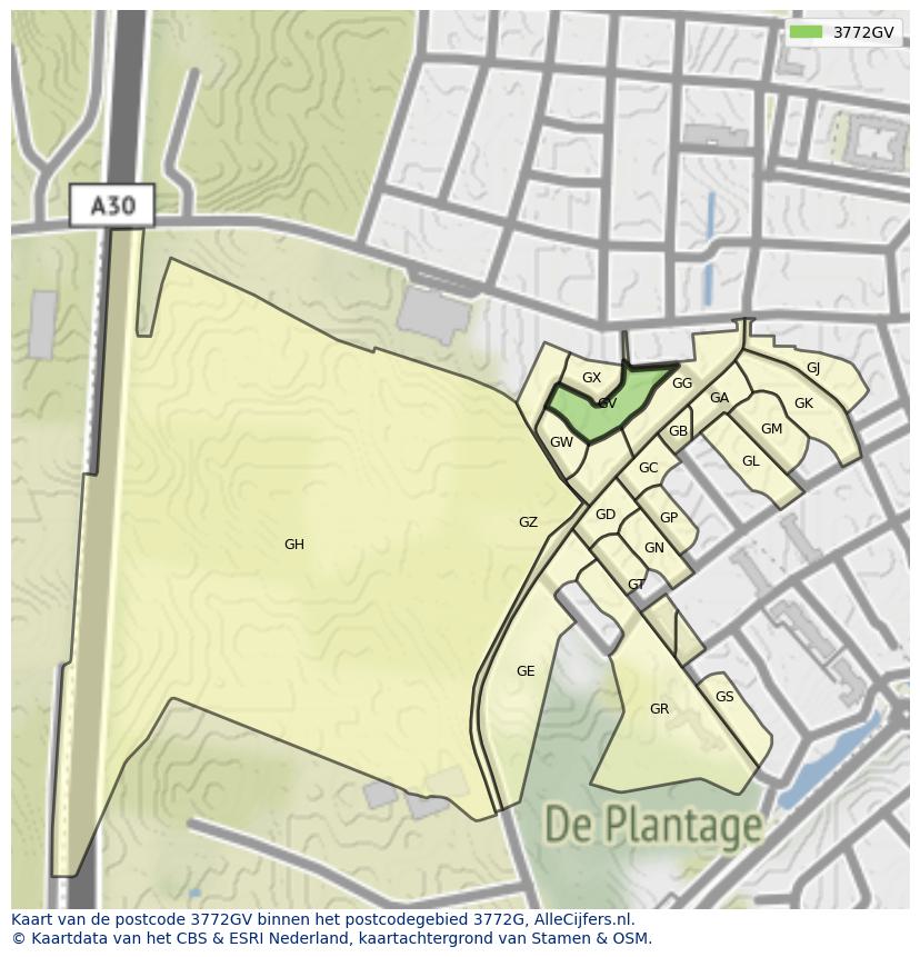 Afbeelding van het postcodegebied 3772 GV op de kaart.
