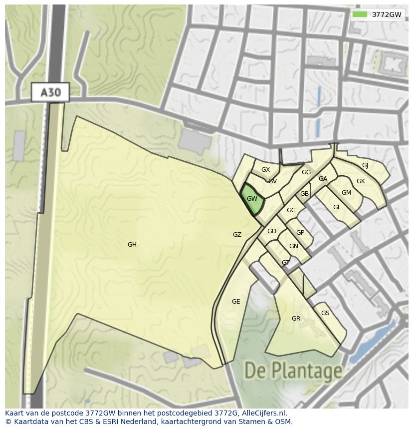 Afbeelding van het postcodegebied 3772 GW op de kaart.