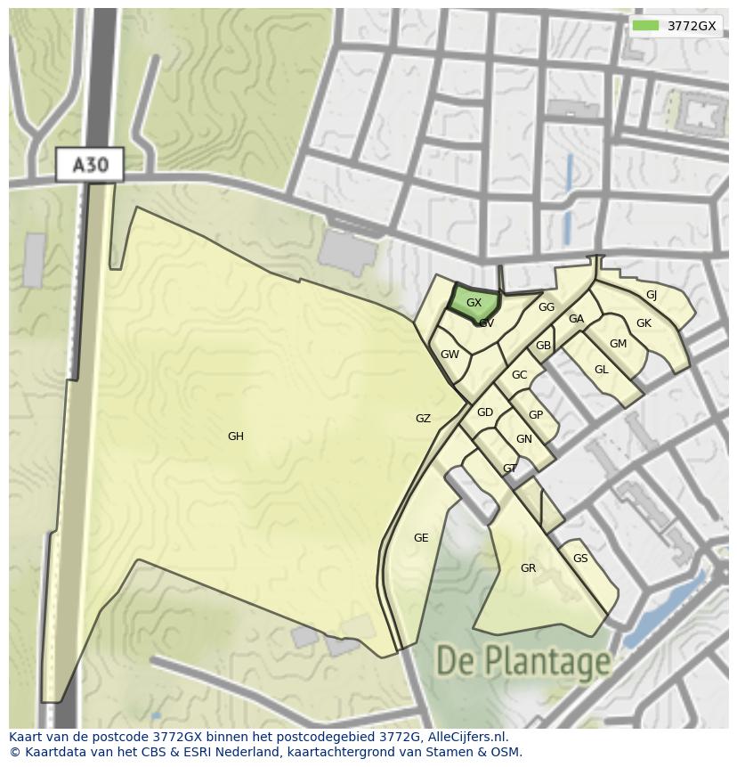 Afbeelding van het postcodegebied 3772 GX op de kaart.