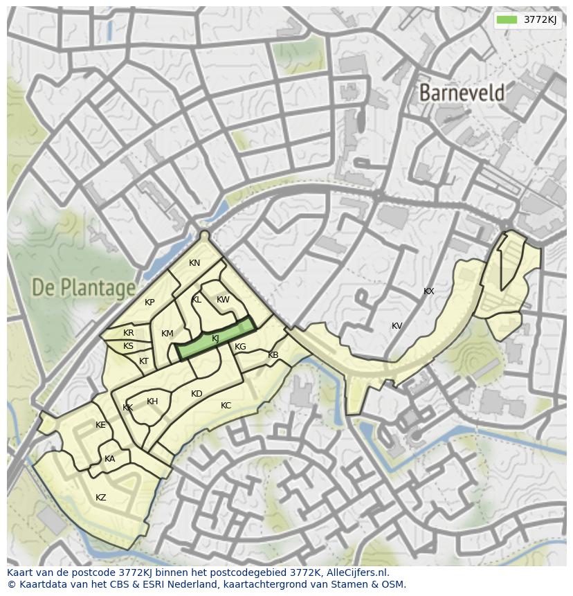 Afbeelding van het postcodegebied 3772 KJ op de kaart.