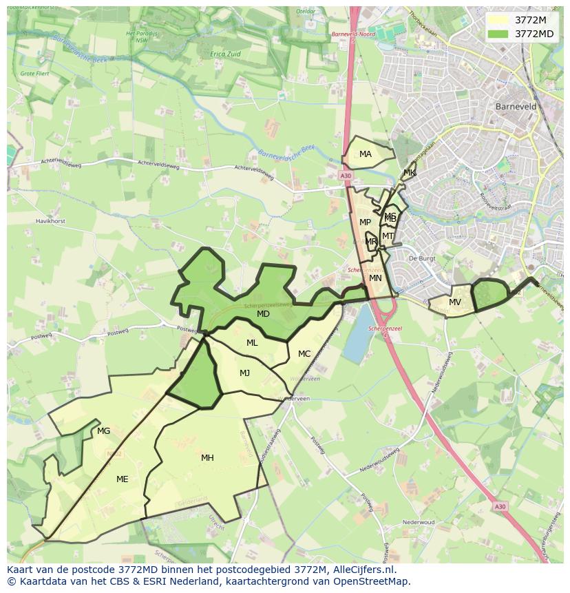 Afbeelding van het postcodegebied 3772 MD op de kaart.