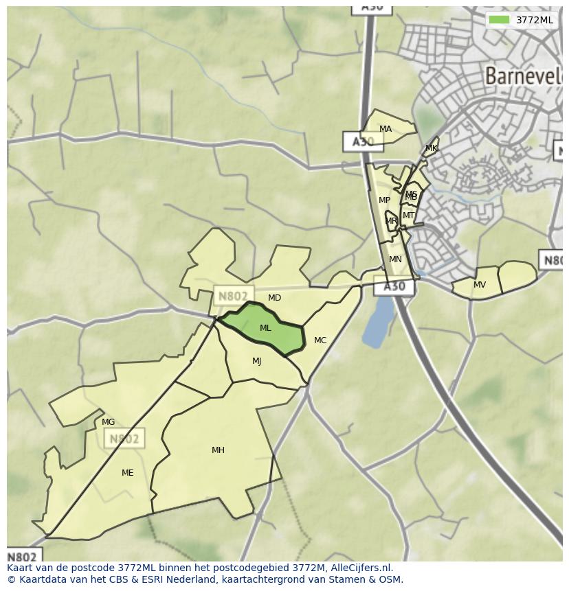 Afbeelding van het postcodegebied 3772 ML op de kaart.