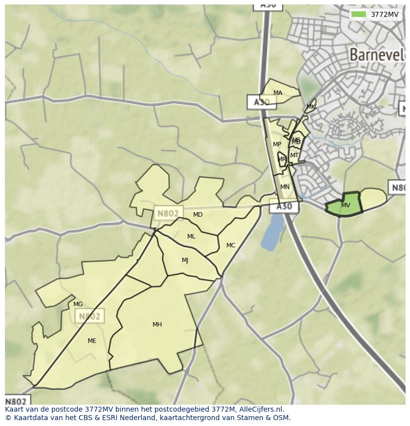 Afbeelding van het postcodegebied 3772 MV op de kaart.