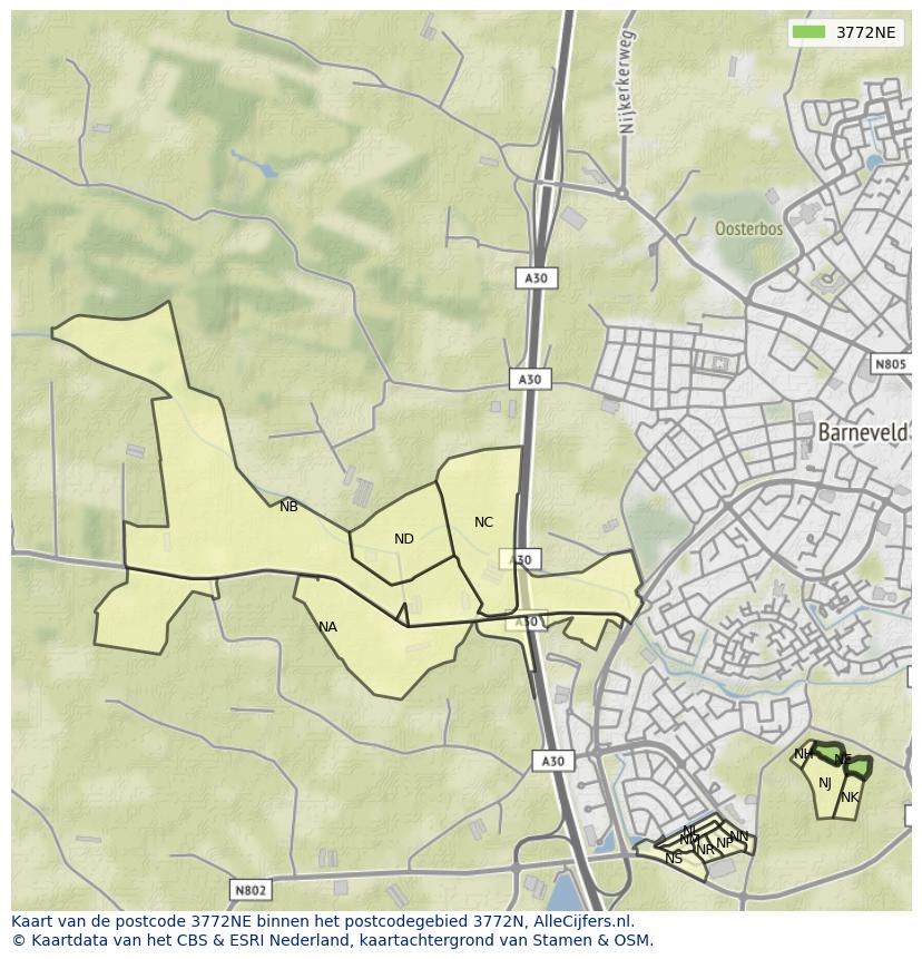 Afbeelding van het postcodegebied 3772 NE op de kaart.