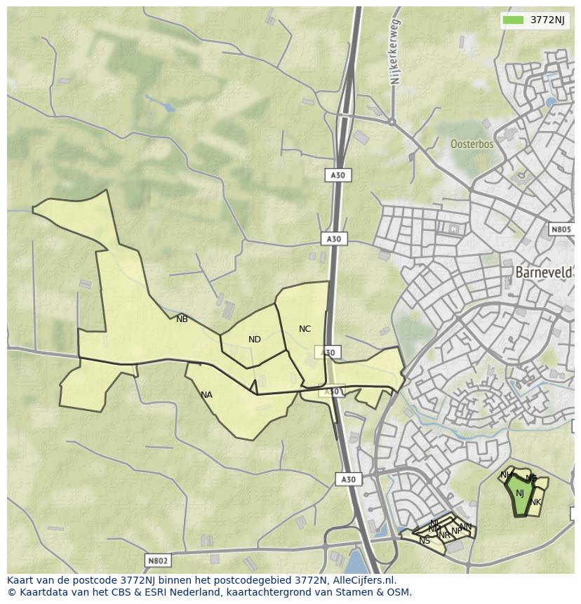 Afbeelding van het postcodegebied 3772 NJ op de kaart.