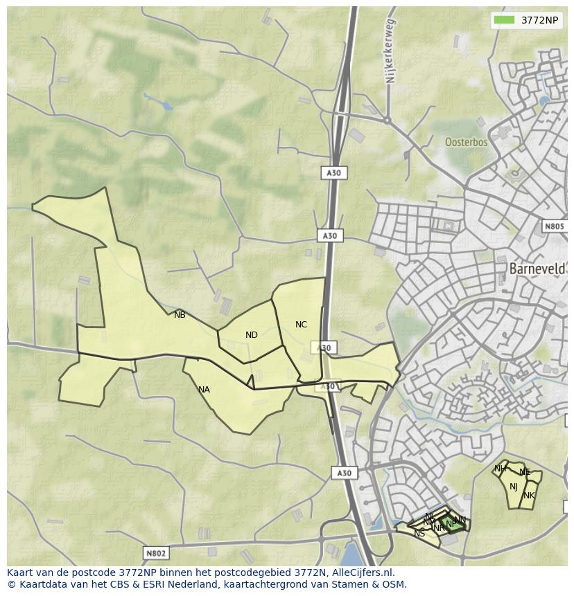 Afbeelding van het postcodegebied 3772 NP op de kaart.