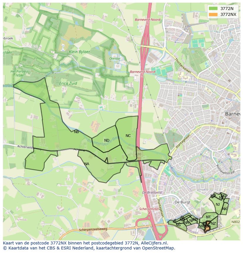 Afbeelding van het postcodegebied 3772 NX op de kaart.
