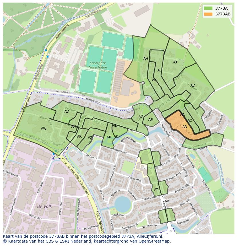 Afbeelding van het postcodegebied 3773 AB op de kaart.