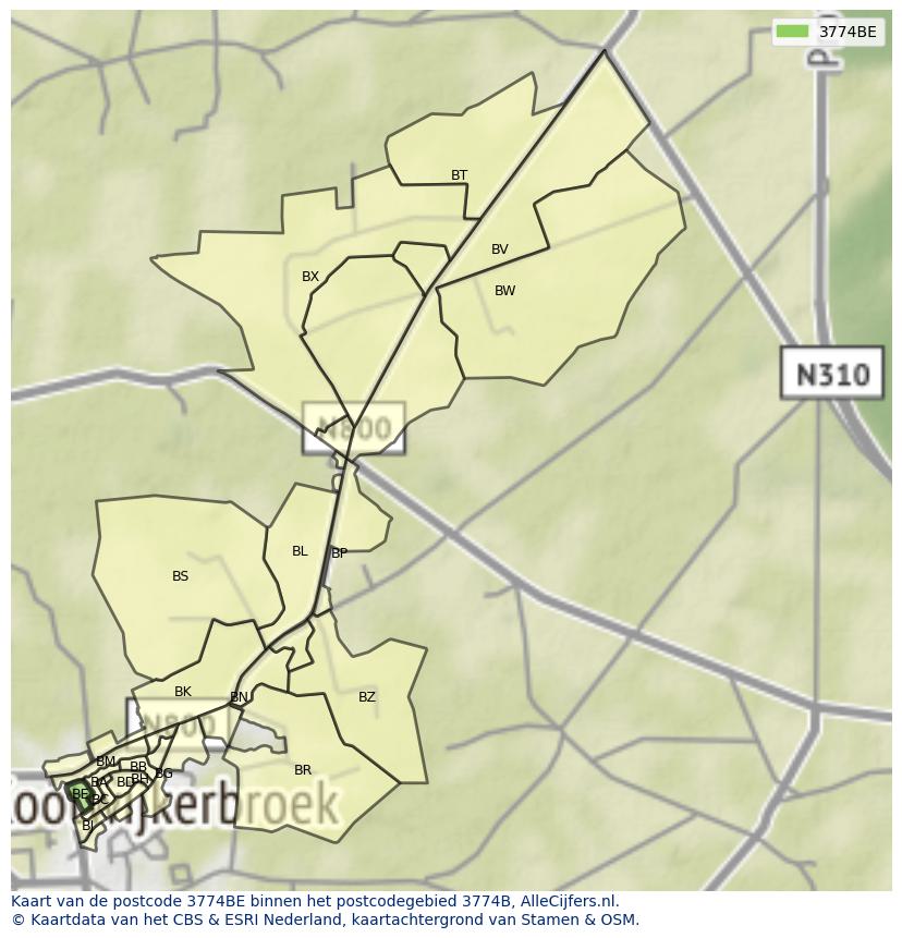 Afbeelding van het postcodegebied 3774 BE op de kaart.