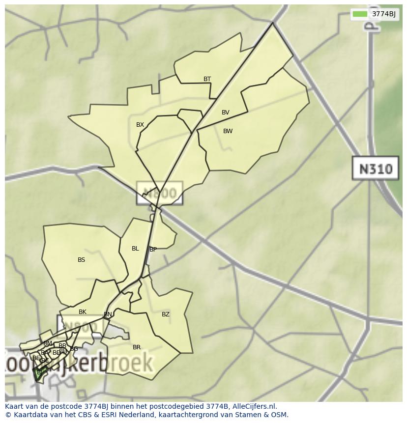Afbeelding van het postcodegebied 3774 BJ op de kaart.