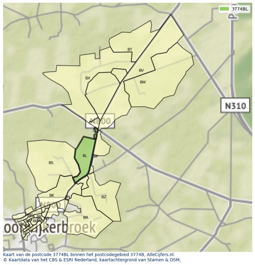 Afbeelding van het postcodegebied 3774 BL op de kaart.
