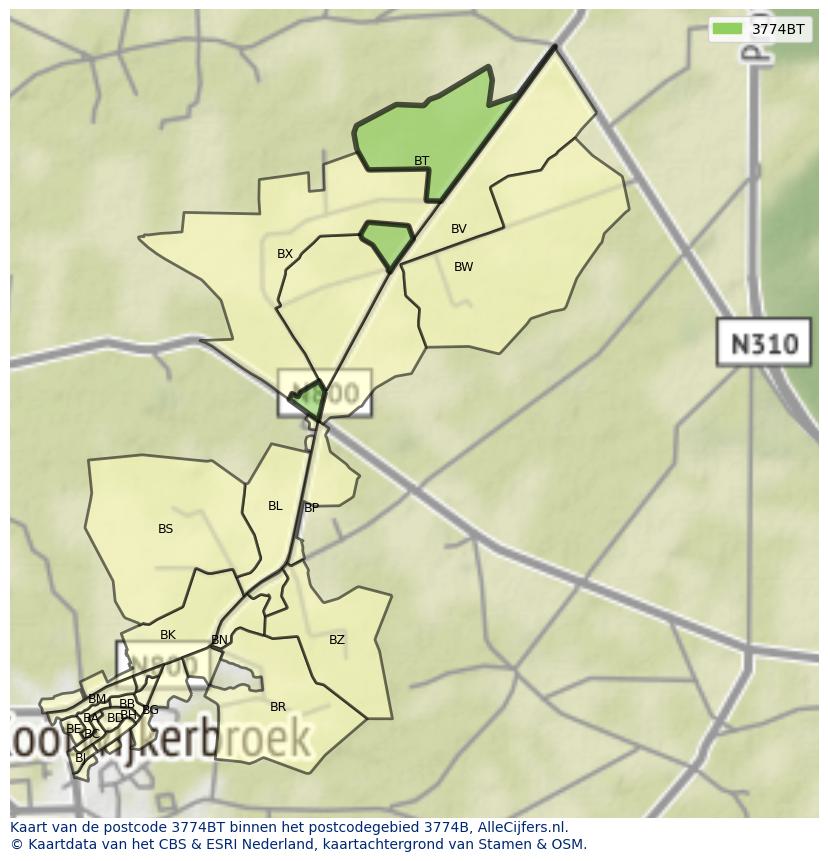 Afbeelding van het postcodegebied 3774 BT op de kaart.