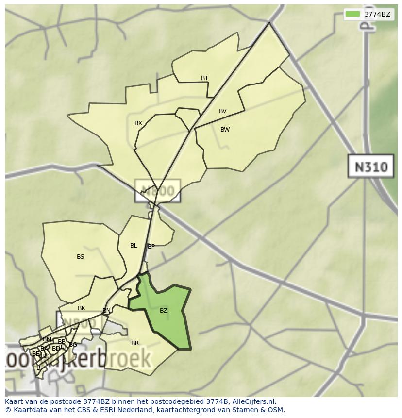 Afbeelding van het postcodegebied 3774 BZ op de kaart.