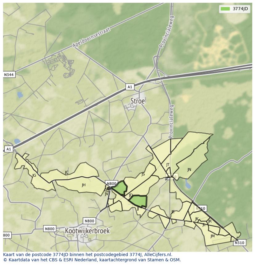 Afbeelding van het postcodegebied 3774 JD op de kaart.