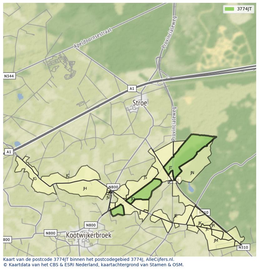 Afbeelding van het postcodegebied 3774 JT op de kaart.