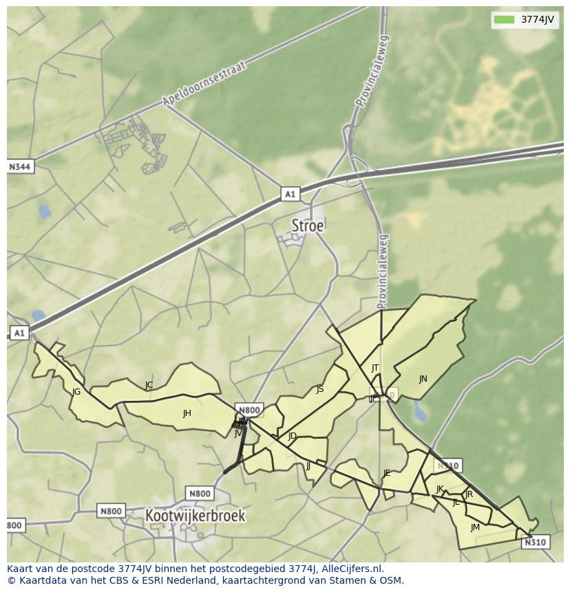 Afbeelding van het postcodegebied 3774 JV op de kaart.