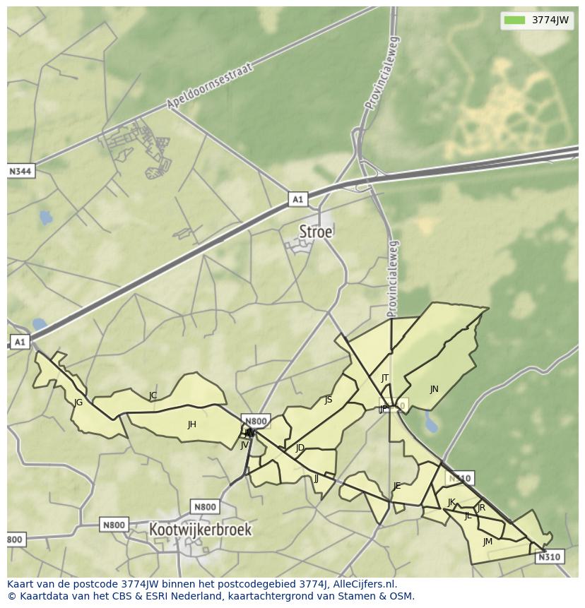 Afbeelding van het postcodegebied 3774 JW op de kaart.