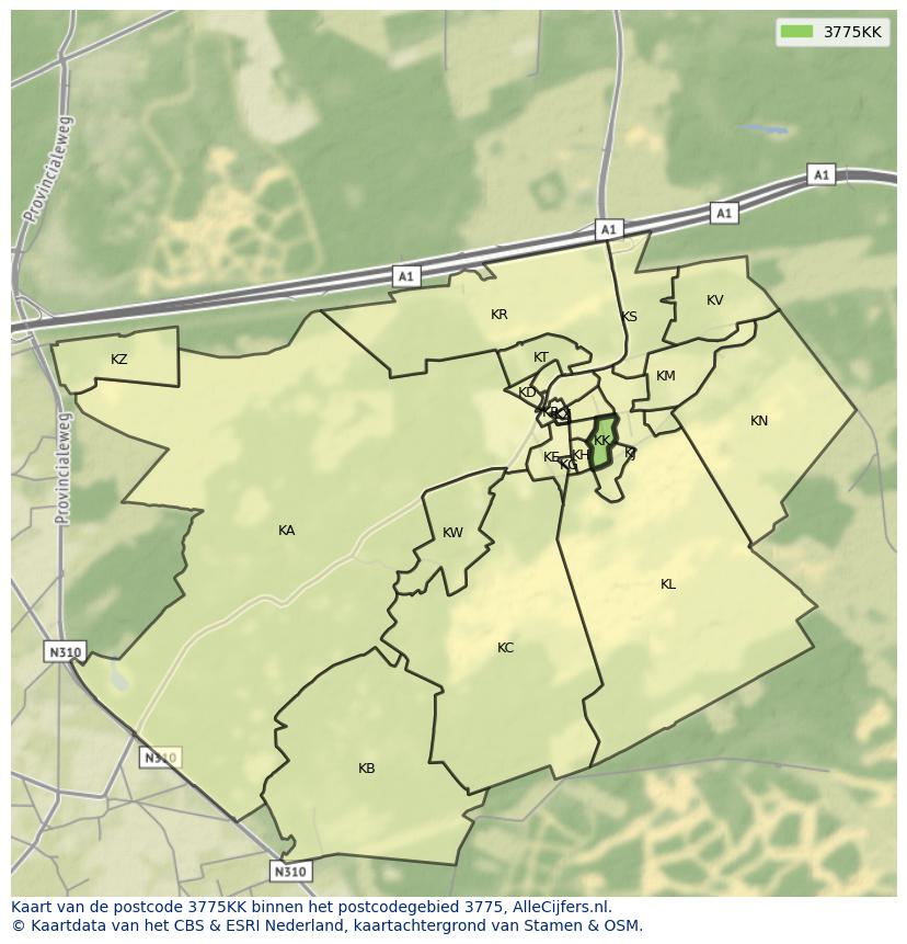Afbeelding van het postcodegebied 3775 KK op de kaart.