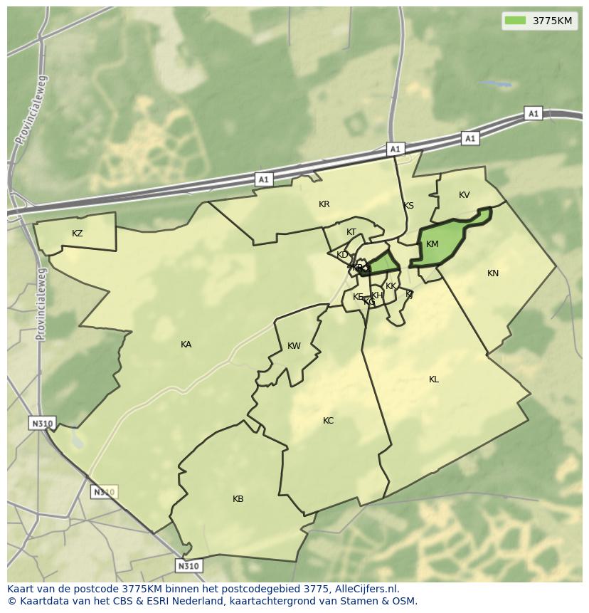 Afbeelding van het postcodegebied 3775 KM op de kaart.