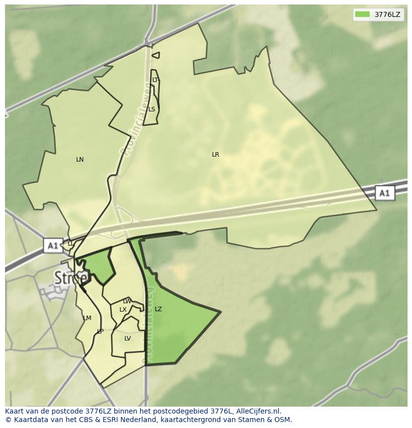 Afbeelding van het postcodegebied 3776 LZ op de kaart.