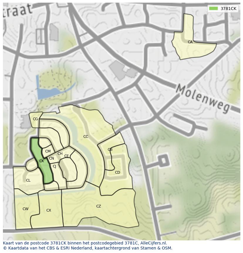 Afbeelding van het postcodegebied 3781 CK op de kaart.