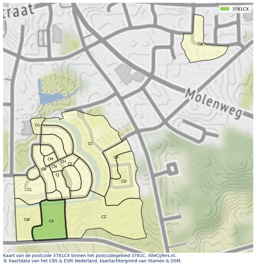 Afbeelding van het postcodegebied 3781 CX op de kaart.