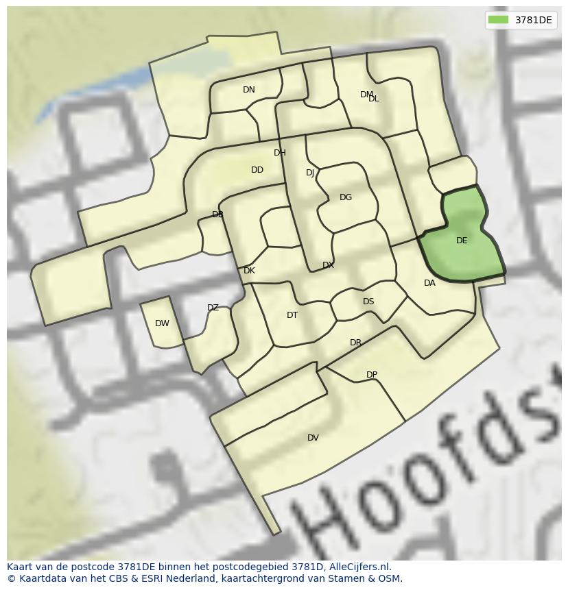 Afbeelding van het postcodegebied 3781 DE op de kaart.