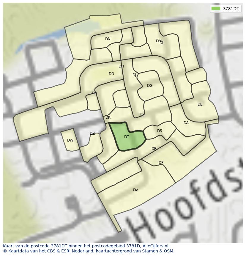 Afbeelding van het postcodegebied 3781 DT op de kaart.