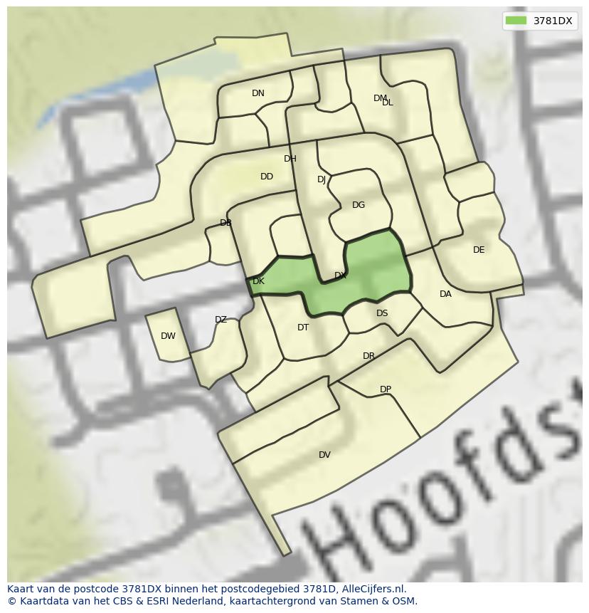 Afbeelding van het postcodegebied 3781 DX op de kaart.