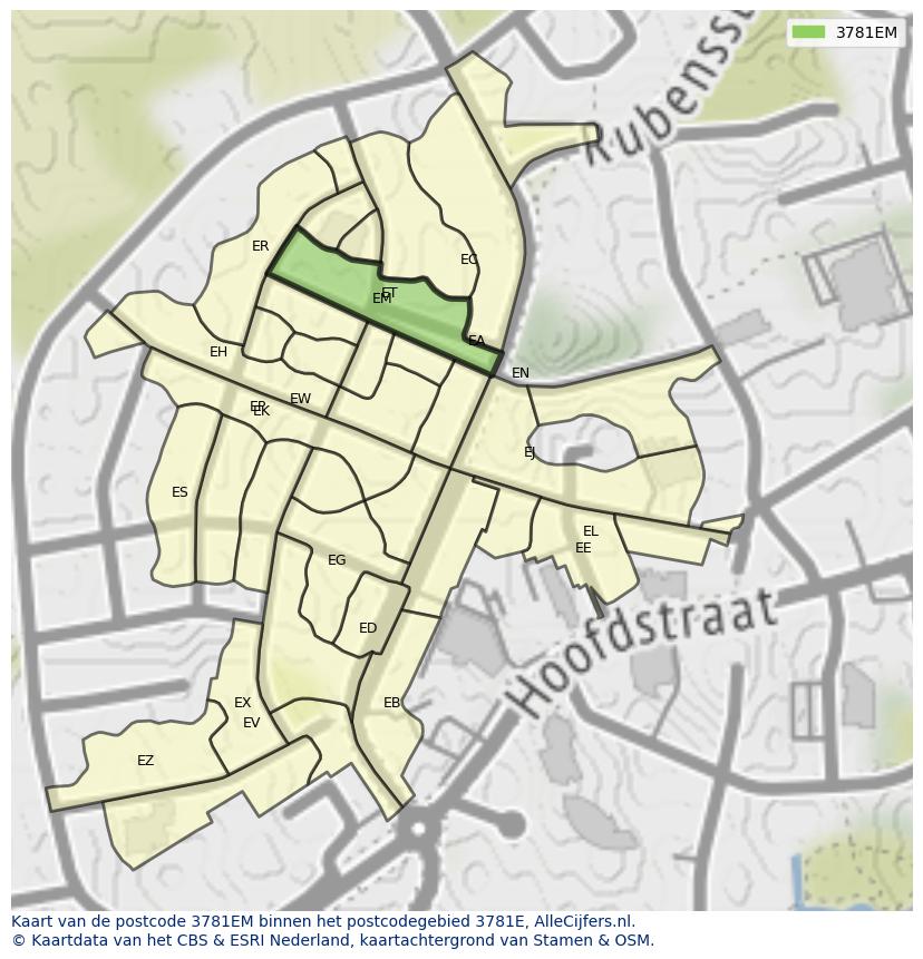 Afbeelding van het postcodegebied 3781 EM op de kaart.