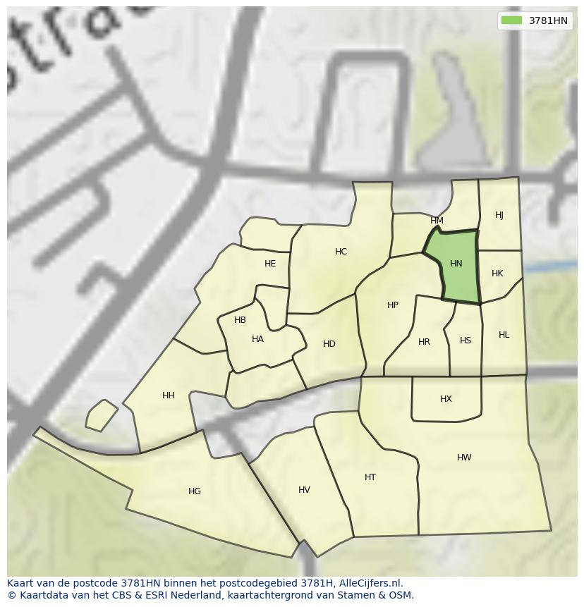 Afbeelding van het postcodegebied 3781 HN op de kaart.