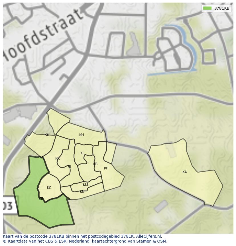 Afbeelding van het postcodegebied 3781 KB op de kaart.