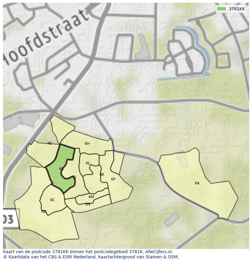 Afbeelding van het postcodegebied 3781 KK op de kaart.